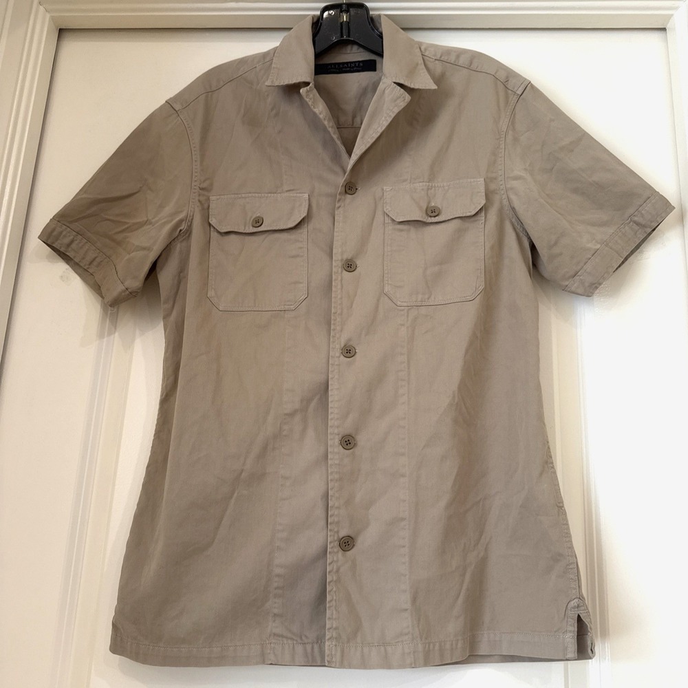 AllSaints Pyless Shirt Men Small Tan Khaki Cotton Short Sleeve Utility Button Up